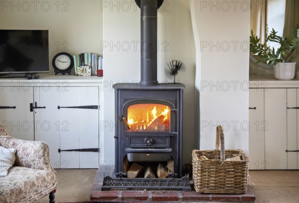 Logs burning in roaring fire of Clearview stove in domestic residential living room, UK