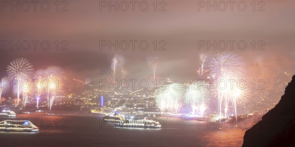 New Year's Eve fireworks, dusk, Atlantic Ocean, harbour with cruise ships, Funchal, Madeira, Portugal