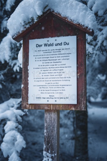 A snowy wooden sign in the forest against the backdrop of snow-covered trees, Broom Field, Black Forest, Germany
