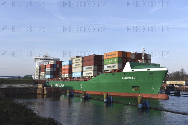 Container ship ELBINSEL leaves Kiel-Holtenau lock and sails to Kiel Fjord, Schleswig-Holstein, Germany