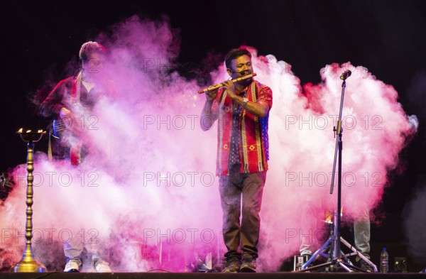Flutist Dilip Hira performs during a cultural evening program at Shilpgram Mohotsav 2026 in Guwahati, India, on 21 January 2026