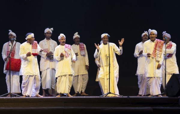 Artists perform 'Ojapali' folk song during a cultural evening program at Shilpgram Mohotsav 2026 in Guwahati, India, on 21 January 2026