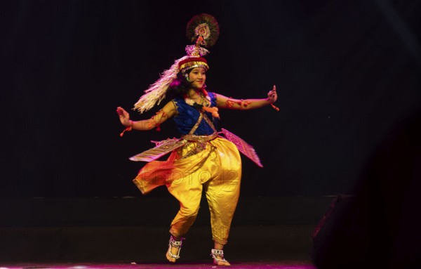 An artist perform classical Manipuri Ras Leela during a cultural evening program at Shilpgram Mohotsav 2026 in Guwahati, India, on 21 January 2026