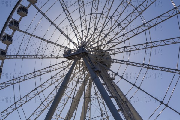 The Montreal Observation Ferris Wheel or La Grande Roue de Montreal amusement ride, Old Port of Montreal, Quebec, Canada. George Ferris (1859–96), is the American engineer who invented the ferris wheel