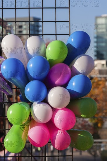 Close-up of colourful balloons inflated with helium gas and attached to black metal lattice support at amusement theme park in autumn, Quebec, Canada
