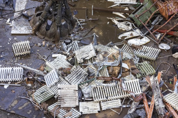 Scrap trade in a commercial port. Old radiators are ready for scrapping and recycling. Mannheim, Baden-Württemberg, Germany
