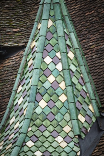 Spitzer Tower with green, glazed roof tiles, Protestant Seminary, Blaubeuren, Swabian Jura, Baden-Württemberg, Germany