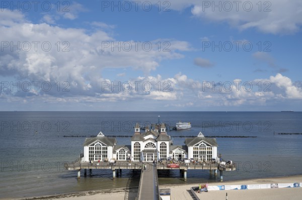 Restaurant on the pier, view from above, Sellin, Baltic resort, Rügen island, Mecklenburg-Western Pomerania, Germany