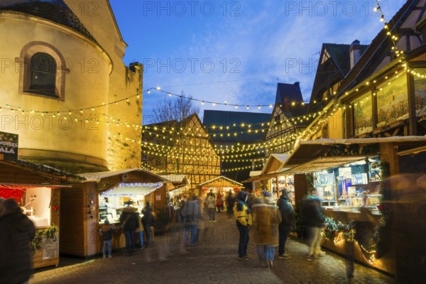 Christmas market, blue hour, Eguisheim, Haut-Rhin, Grand Est Region, Alsace, France