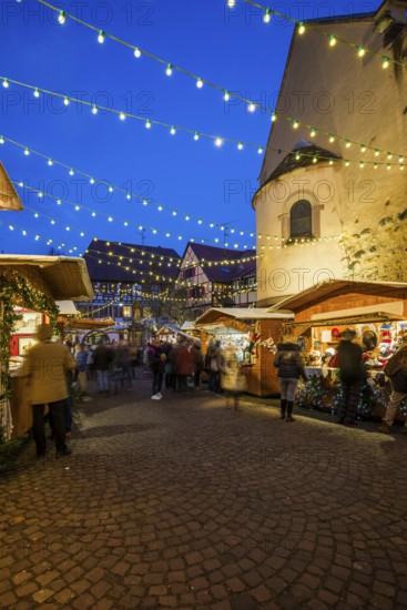 Christmas market, blue hour, Eguisheim, Haut-Rhin, Grand Est Region, Alsace, France