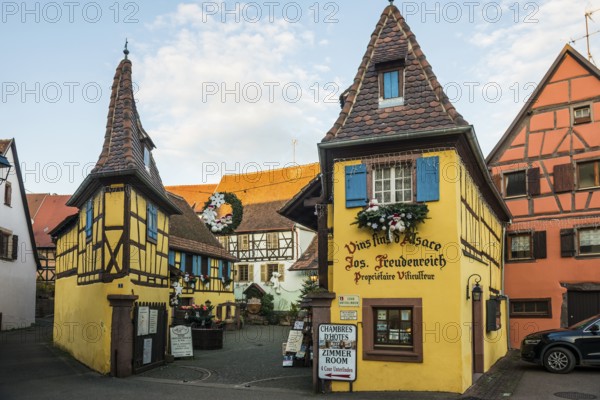 Christmassy decorated houses and alley with half-timbered houses, Christmas market, Eguisheim, Haut-Rhin department, Grand Est region, Alsace, France