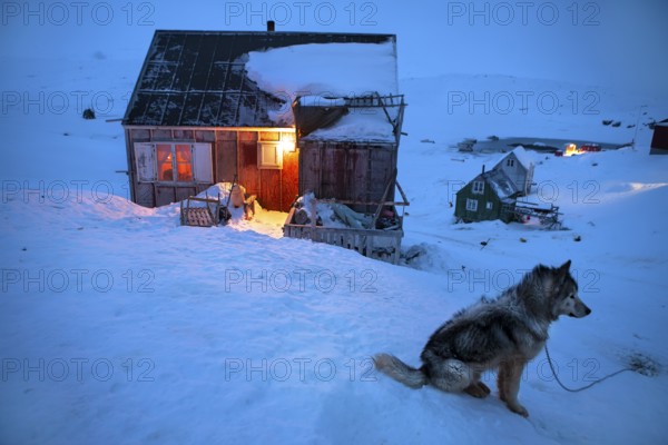 Tiniteqilaaq in a winter night, The village is one of five settlements around Ammassalik Island, located in the Sermersooq municipality on Ikasativaq Fjord, north of Ammassalik Island and facing Sermilik, Greenland, North America