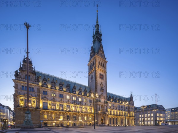 Hamburg City Hall with illuminated façade at the blue hour, Hamburg, Germany