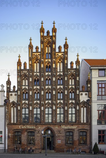 Historic brick Gothic buildings on the market square of the Hanseatic City of Greifswald, Mecklenburg-Western Pomerania, Germany, for editorial use only