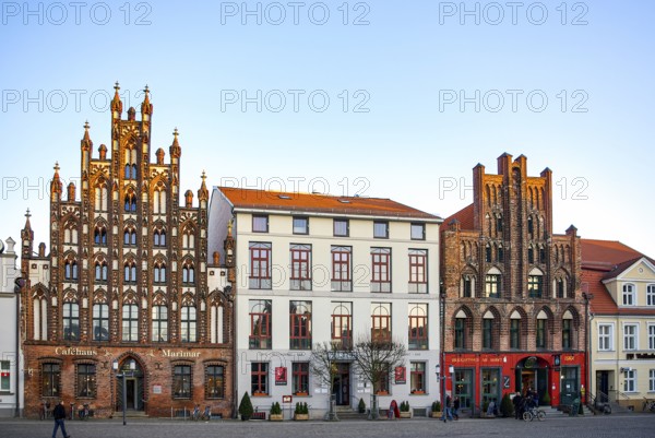 Historic brick Gothic buildings on the market square of the Hanseatic City of Greifswald, Mecklenburg-Western Pomerania, Germany, for editorial use only