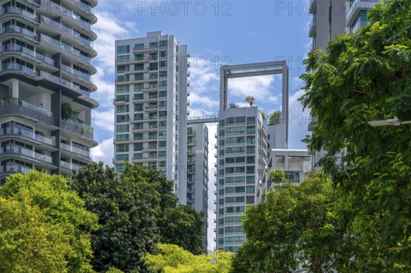 Skyline showing residential high-rise buildings and skyscrapers with flats and apartments in the city Singapore, Southeast Asia