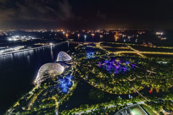 Aerial view over the illuminated Gardens by the Bay, GBTB and Supertree Grove, urban park and skyline of the city Singapore at night, Southeast Asia