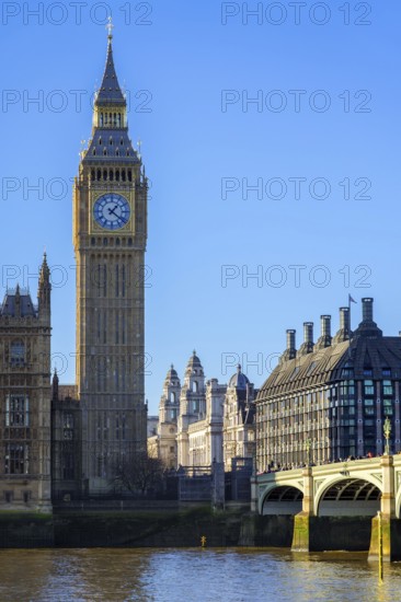 Westminster Bridge over River Thames and Elizabeth Tower, Big Ben, Great Bell of the Great Clock of the Palace of Westminster in London, England, UK