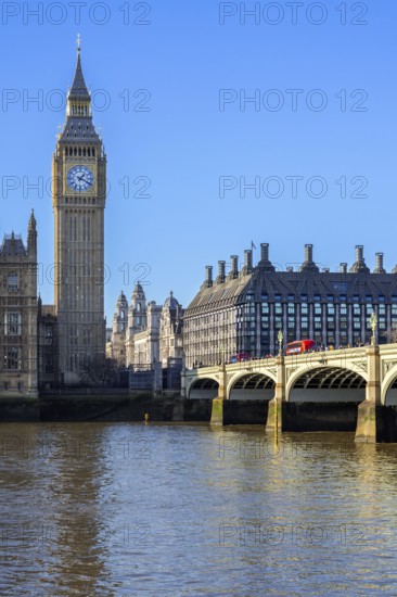 Westminster Bridge over River Thames and Elizabeth Tower, Big Ben, Great Bell of the Great Clock of the Palace of Westminster in London, England, UK