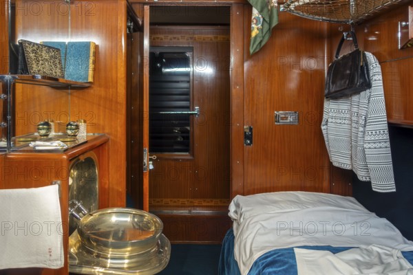 1930s interior of the Royal Belgian sleeper carriage at Train World, railway museum in Schaerbeek, Schaarbeek, Belgium