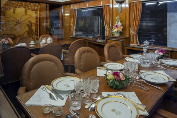 1930s interior of the Royal Belgian diner carriage at Train World, railway museum in Schaerbeek, Schaarbeek, Belgium