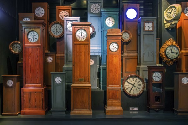 Collection of antique wooden railway station clocks at Train World, railway museum in Schaerbeek, Schaarbeek, Brussels, Belgium