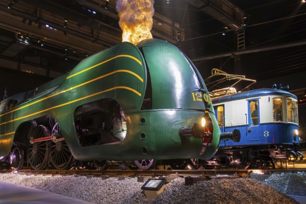 1939 steam locomotive type 12 Atlantic and AM 35 on display at Train World, railway museum in Schaerbeek, Schaarbeek, Brussels, Belgium