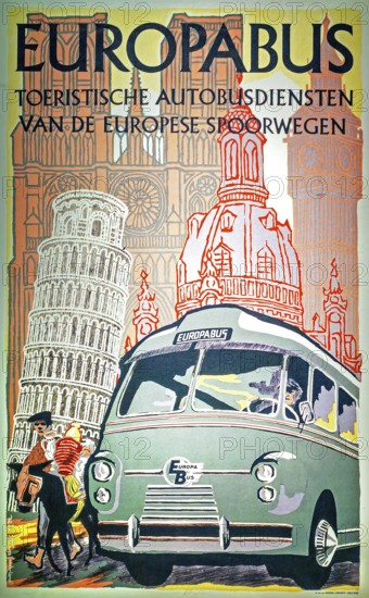1961 vintage Europabus poster advertising long-distance bus transport by Union des Services Routiers des Chemins de Fer Européens, URF