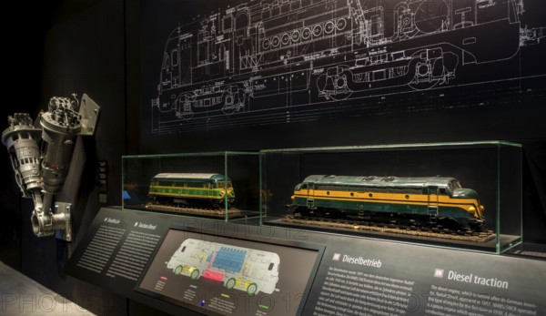 Model trains on display diesel traction explanation at Train World, railway museum in Schaerbeek, Schaarbeek, Brussels, Belgium