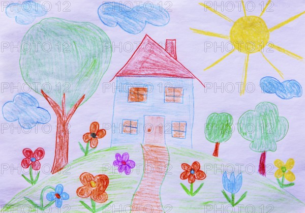Naive illustration, children's drawing, house with garden, flowers, sunshine and cloud, Austria