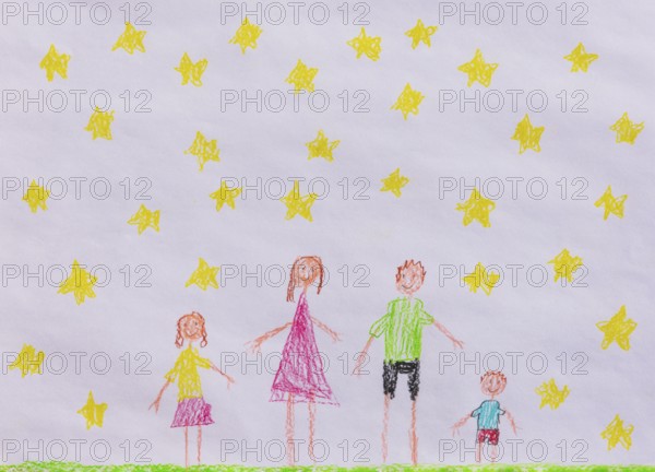 Naive illustration, children's drawing, family with children, starry sky