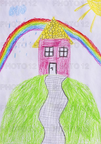 Naive illustration, children's drawing, residential building with rainbow, rain and sunshine, Austria