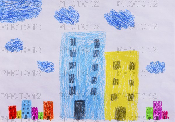 Naive illustration, child drawing, skyscrapers, cloud, city