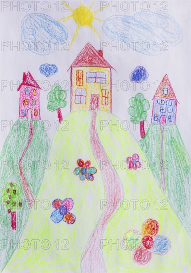 Naive illustration, children's drawing, house with garden, flowers, sunshine and cloud, Austria