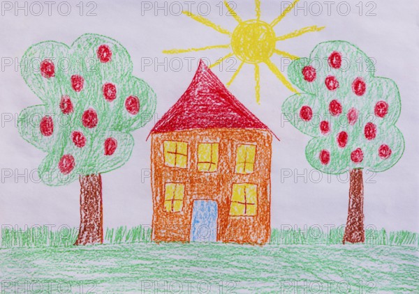 Naive illustration, children's drawing, residential building with garden and fruit trees, sunshine and cloud, Austria