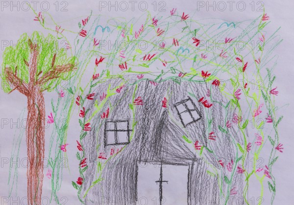 Naive illustration, children's drawing, house grown together with flowers, garden, tree