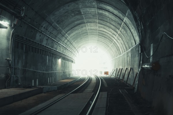 An illuminated tunnel with railroad tracks and a bright exit, acceptance of the Hermann Hesse Railway, Calw, Black Forest, Germany