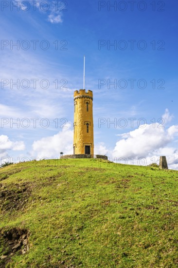 Binns Tower over Scotish farms and Forth Estuary, House of the Binns, Linlithgow, Scotland, UK