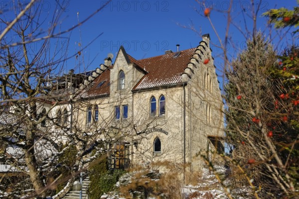Restaurant Altes Forsthaus bei Schloss Lichtenstein, restaurant, historic building, architecture, winter, snow, window, entrance, staircase, Honau, municipality of Lichtenstein, Swabian Jura, Baden-Württemberg, Germany