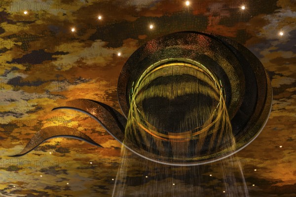 Artificial, brightly lit waterfall, Magic Waterfall, falls from the ceiling of the Iconsiam shopping center, Bangkok, Thailand's metropolis