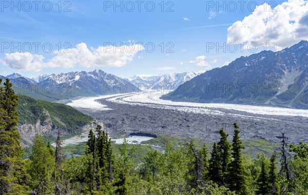View of impressive mountain landscape with Matanuska glacier and glaciated mountain peaks, Lion's Head, Chugach Mountains, Alaska, USA