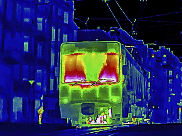 Thermal image or thermography, symbolic photo, interpolated. Light rail travel in urban areas. Stuttgart, Baden-Württemberg, Germany