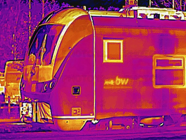 Locomotive in the train station. Thermal image or thermography, symbolic photo, interpolated. Stuttgart, Baden-Württemberg, Germany