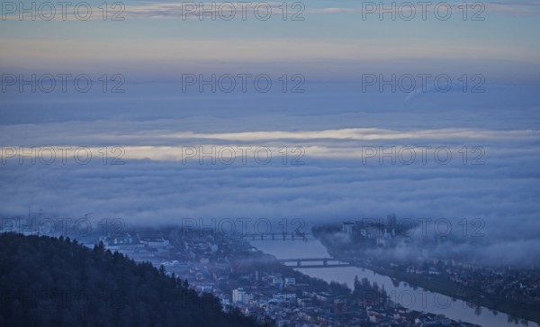 Aerial view of the city of Heidelberg on the Neckar, fog landscape of low-hanging clouds and fog fields floating and waving in the evening light above the Upper Rhine plain in the Rhine-Neckar metropolitan region with the mountains of the Palatinate Forest in the background, Heidelberg, Baden-Württemberg, Germany