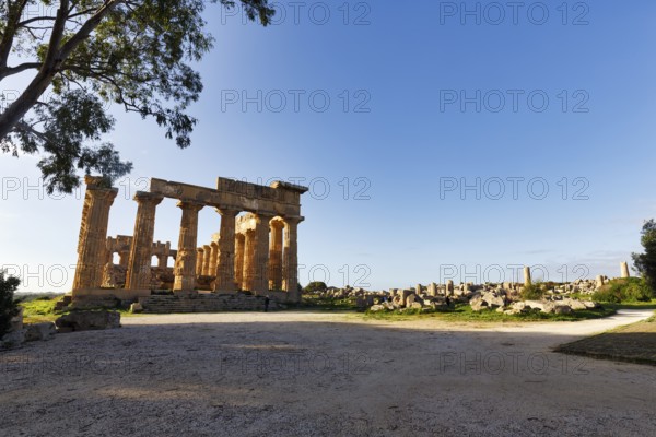Temple E, Temple of Hera in the ancient Greek city of Selinunte, acropolis, Doric style, archaeological site, restoration, Selinunte, Castelvetrano, Trapani, Sicily, Italy