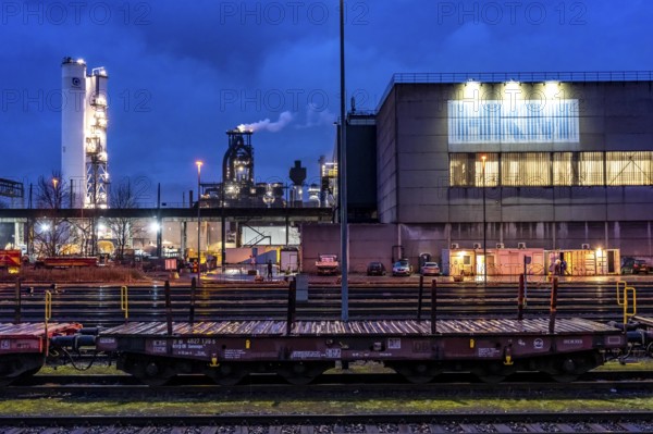 Hüttenwerke Krupp-Mannesmann, HKM in Duisburg, blast furnace A, marshalling yard, with freight wagons, loaded with fresh steel slabs from the steel mill, North Rhine-Westphalia, Germany