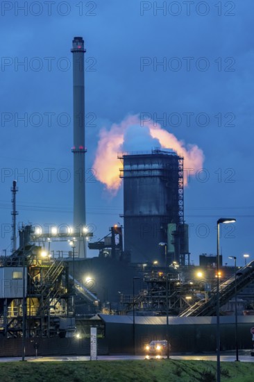 Hüttenwerke Krupp-Mannesmann, HKM in Duisburg, coking plant, fire tower with fire cloud, marshalling yard tracks, North Rhine-Westphalia, Germany