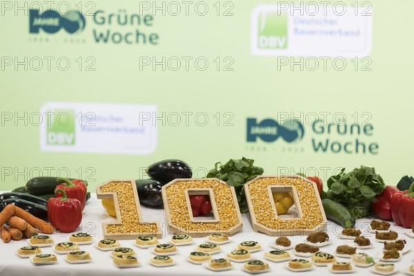 Maize in the form of 100 on the stand of the German Farmers' Association during the opening tour of the Green Week at the exhibition center in Berlin on 16.01.2026. The Agricultural and Food Industry Fair will take place from January 16-25, 2026