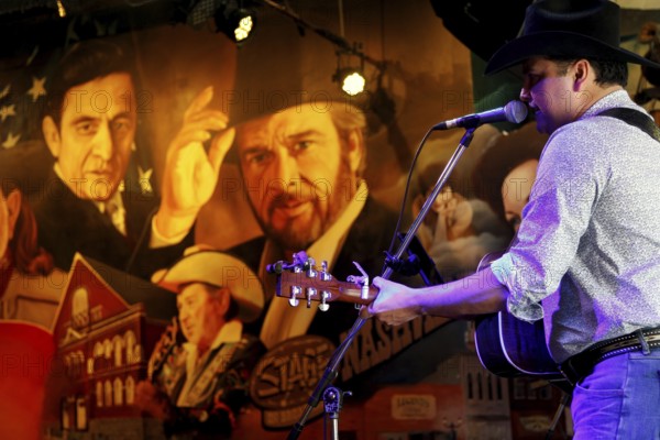 Musician playing guitar in front of detailed wall art with nostalgic flair, Nashville, Tennessee, USA