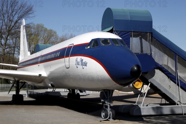 Private plane with characteristic livery and stairs in Graceland, Memphis, Tennessee, USA